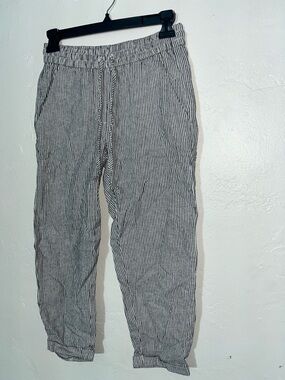 J.Crew Linen Drawstring Casual Striped Pants 00 Petite Fair Trade Ankle Crop EUC